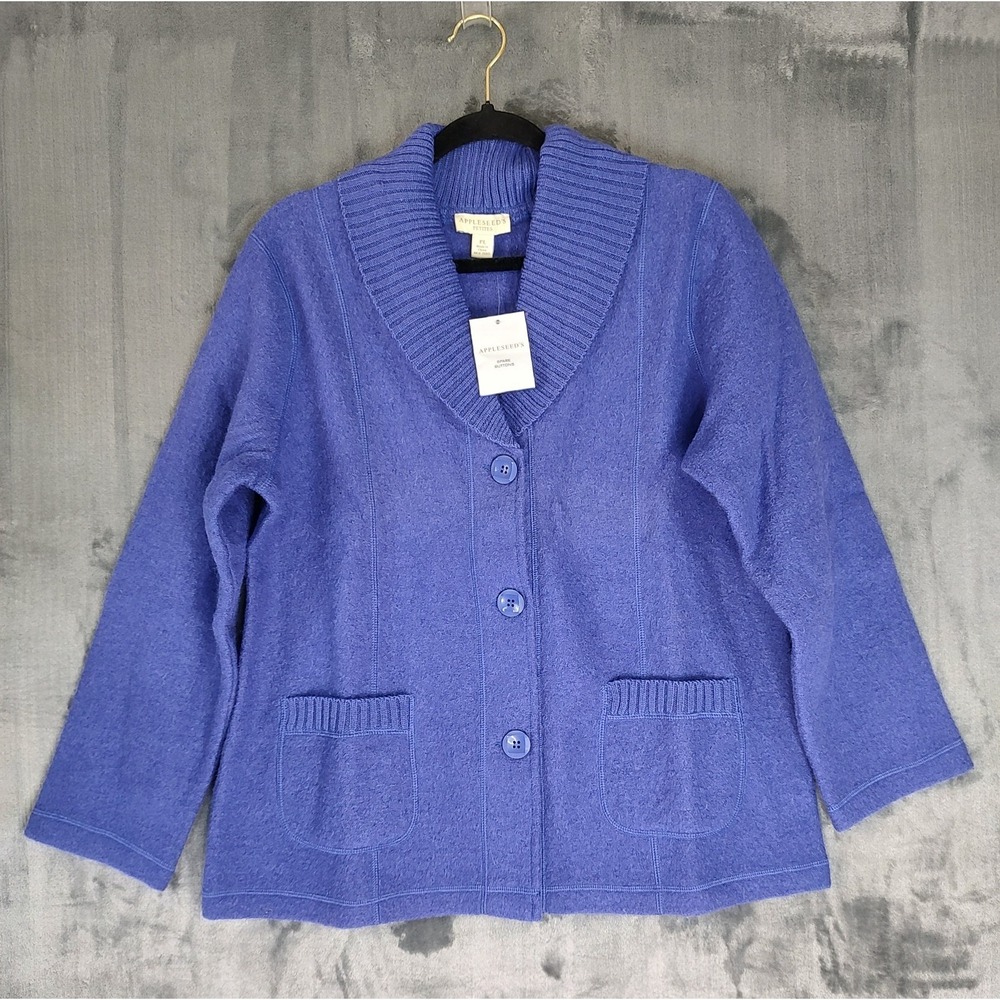 Appleseeds Petites Blue 100% Boiled Wool Shawl Collar Button Cardigan PL A21905